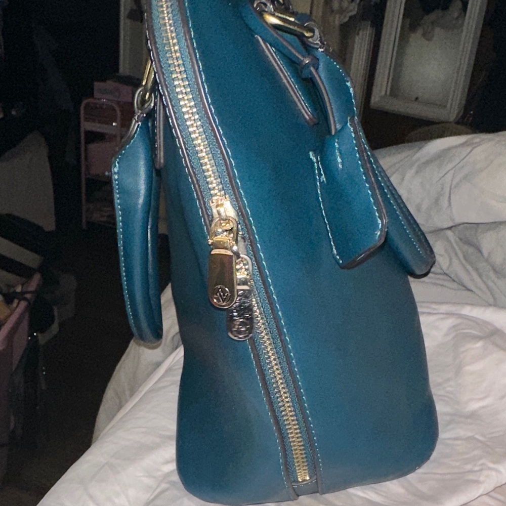 Adrienne Vittadini teal leather satchel gold accents charm and feet like new - Picture 3 of 16
